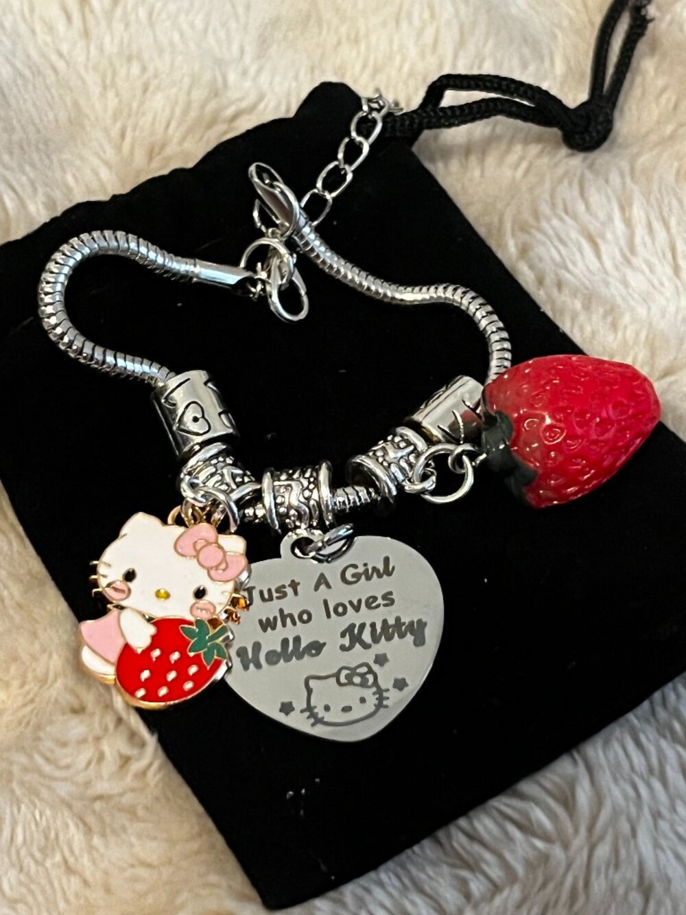 BRAND NEW Sanrio Hello Kitty Kids Silver Tone Charm Bracelet with Strawberry Cha
